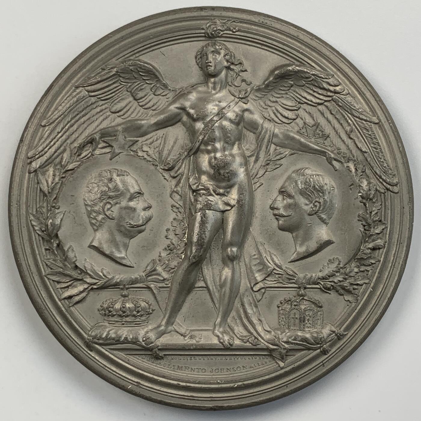 掌中浮雕-藏着的欧洲第055场 1888年意大利翁贝托一世于威廉二世在罗马会面白色金属（WM）纪念章，70mm