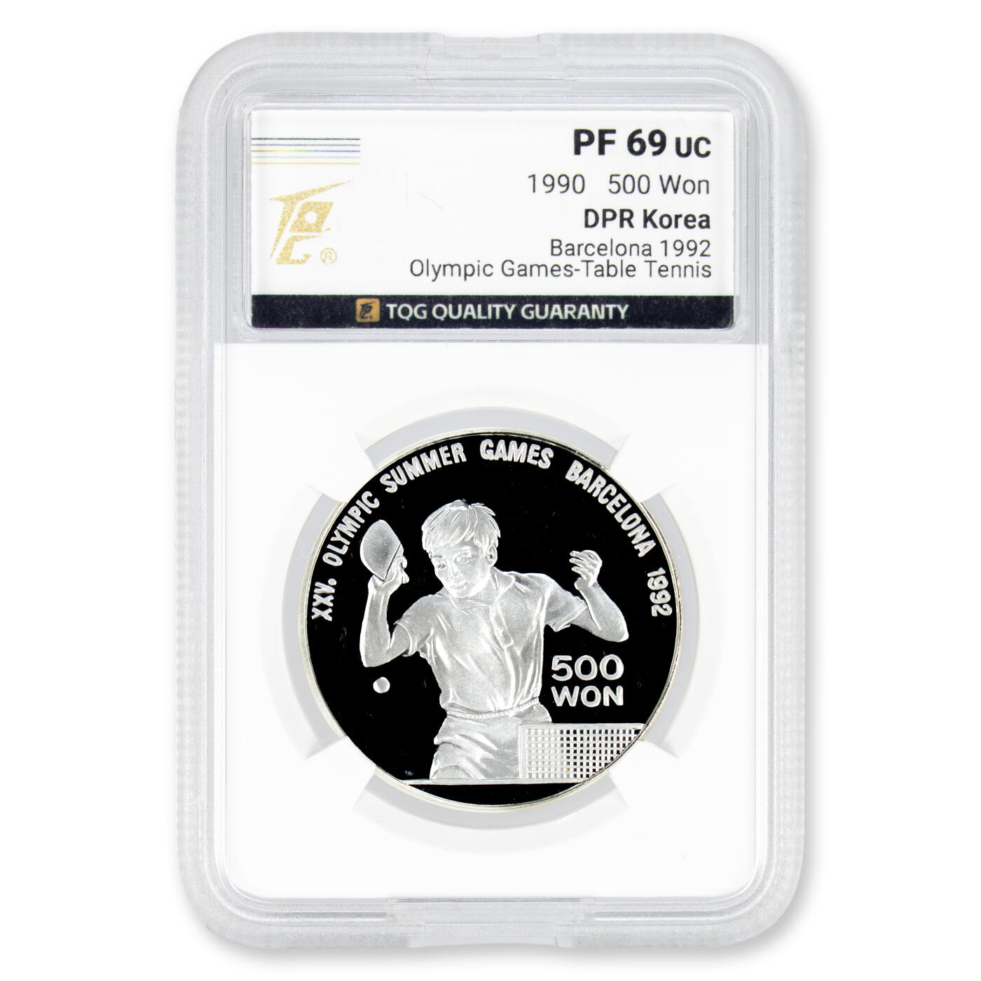 1990年朝鲜-92’第25届奥林匹克运动会乒乓球纪念银币27g999纯银纪念币TQG评级69