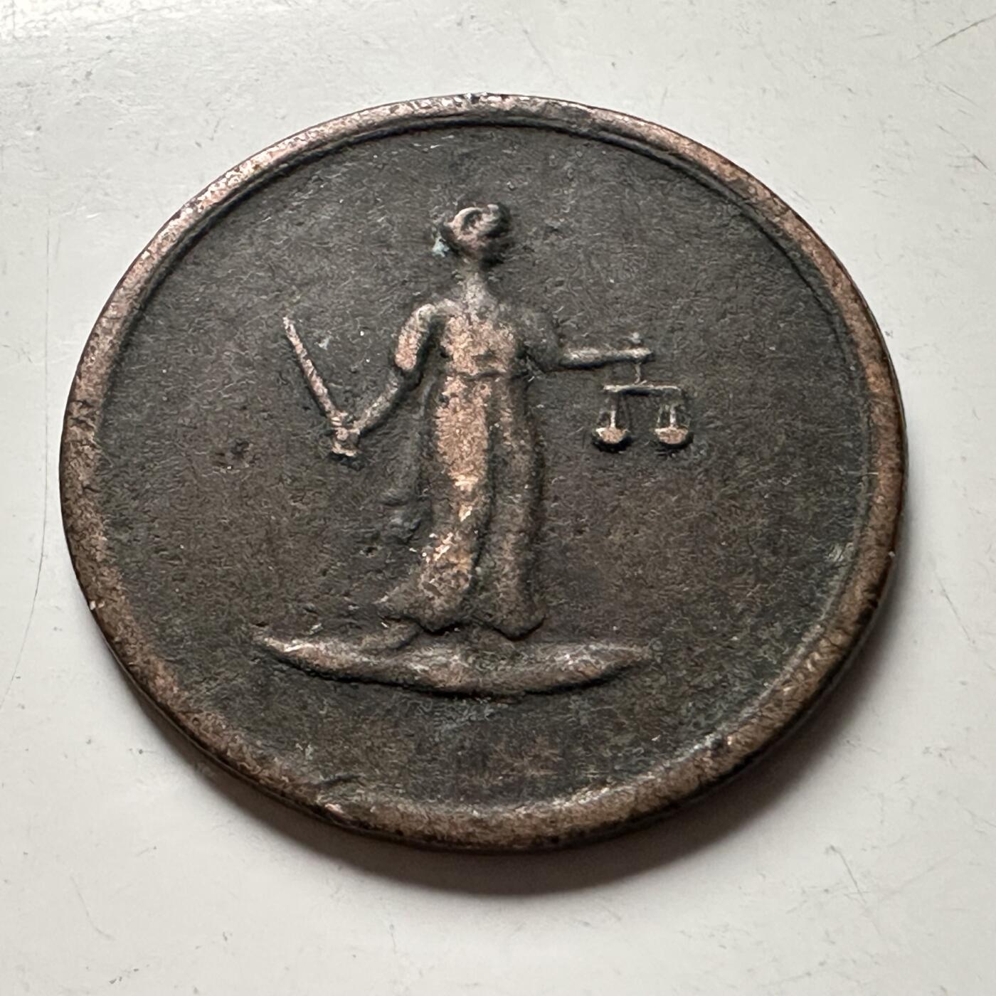 🌹外币初藏🌹🐯2026年第30场   每周二四六晚8️⃣点 接代拍 英国18~19世纪 正义女神 铜质代用币 男子头像版 重约3.5g-直径21.6mm