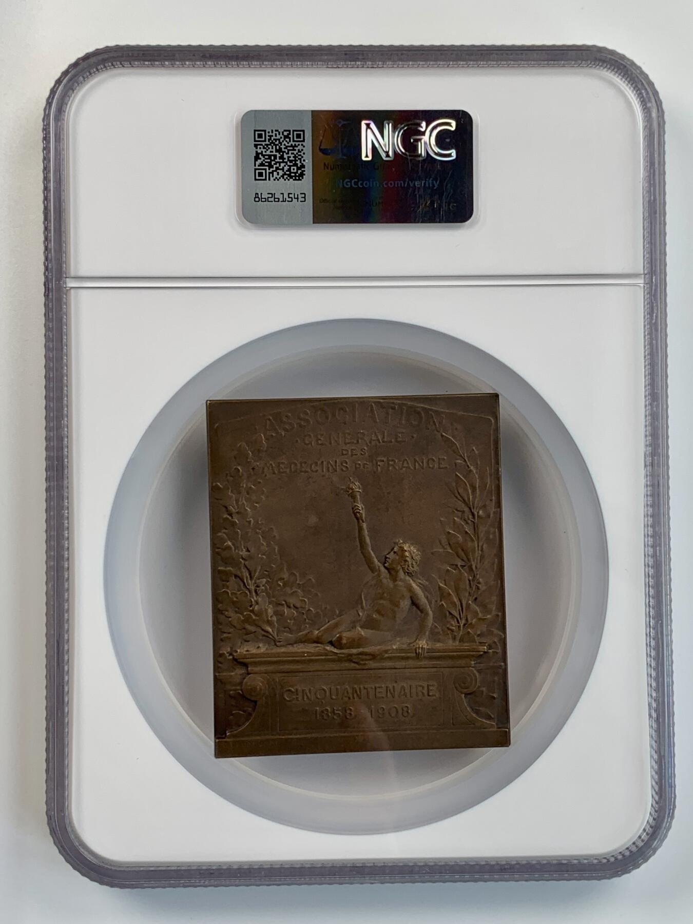 掌中浮雕-藏着的欧洲第055场 NGC MS63 : 1908年法国新艺术运动50周年之国际医学会纪念章，70 X 58mm；Nicolas Maier法国章优秀作品集#239号