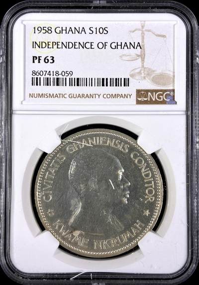 【雨安】【直播拍卖】【第0129期-评级币章】2026-03-21 周六 19:30 (金价1115, 银价20.09) - [评级现代] Ghana 加纳 10先令 1958年 独立 NGC-PF63 精制币
