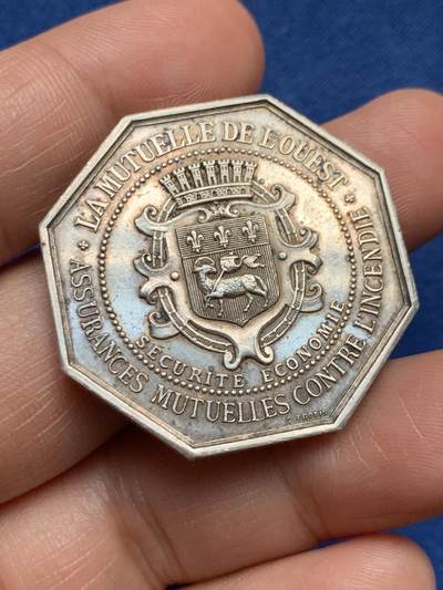 《竞宝斋》第472场 周日，周一，周二 3场连拍 （全场包邮）欢迎送拍 - 法国八角银质代币，鲁昂火灾保险公司，22.7g，35.4mm，丰饶角边铭