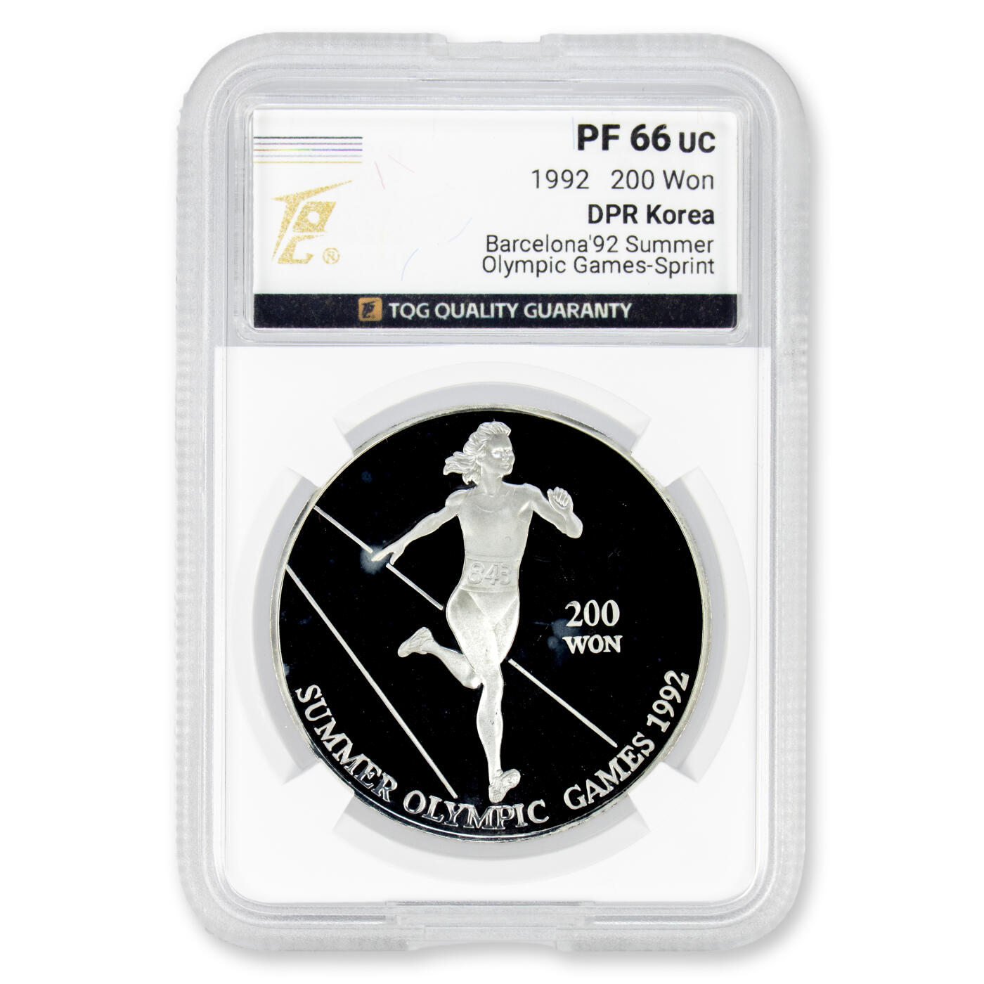 1992年朝鲜-夏季奥林匹克运动会15克纪念银币999纯银TQG评级PF66有白斑，原状态评级
