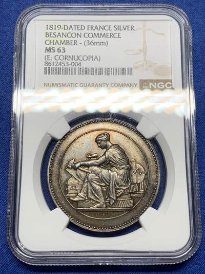 《竞宝斋》第472场 周日，周一，周二 3场连拍 （全场包邮）欢迎送拍 - NGC MS63 法国贝桑松商会银质代币