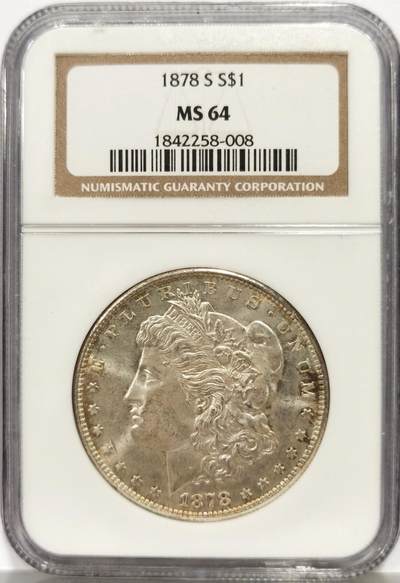 博洋堂世界钱币拍卖第165期（全场包邮） - NGC MS64 美国1878 S 摩根 首年稀有摩根 老盒严评 双面覆盖老包浆