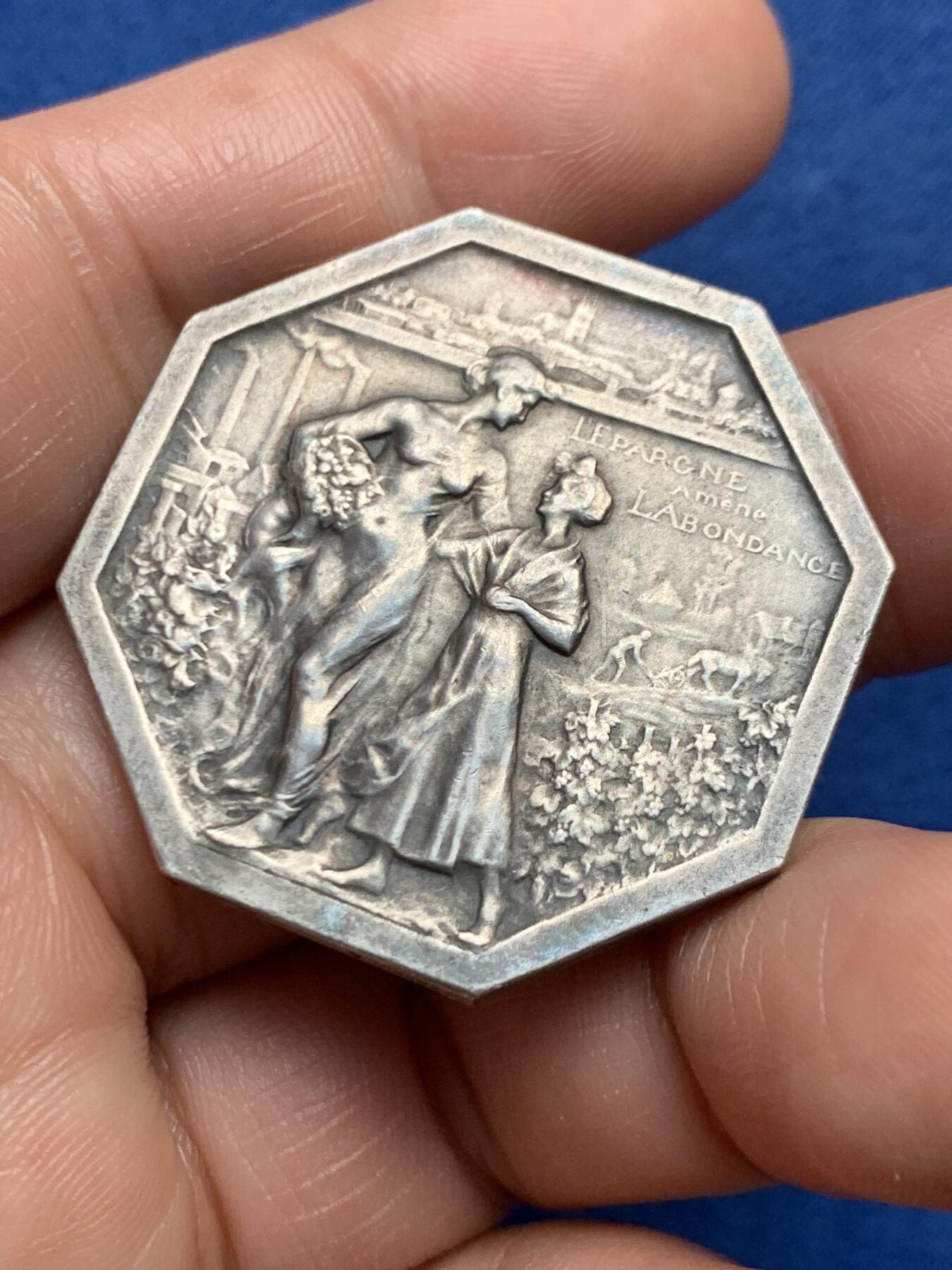 《竞宝斋》第472场 周日，周一，周二 3场连拍 （全场包邮）欢迎送拍 法国“花神”八角银质代币，昂热市储蓄银行，21.33g，36mm，边铭：野猪头+菱形argent