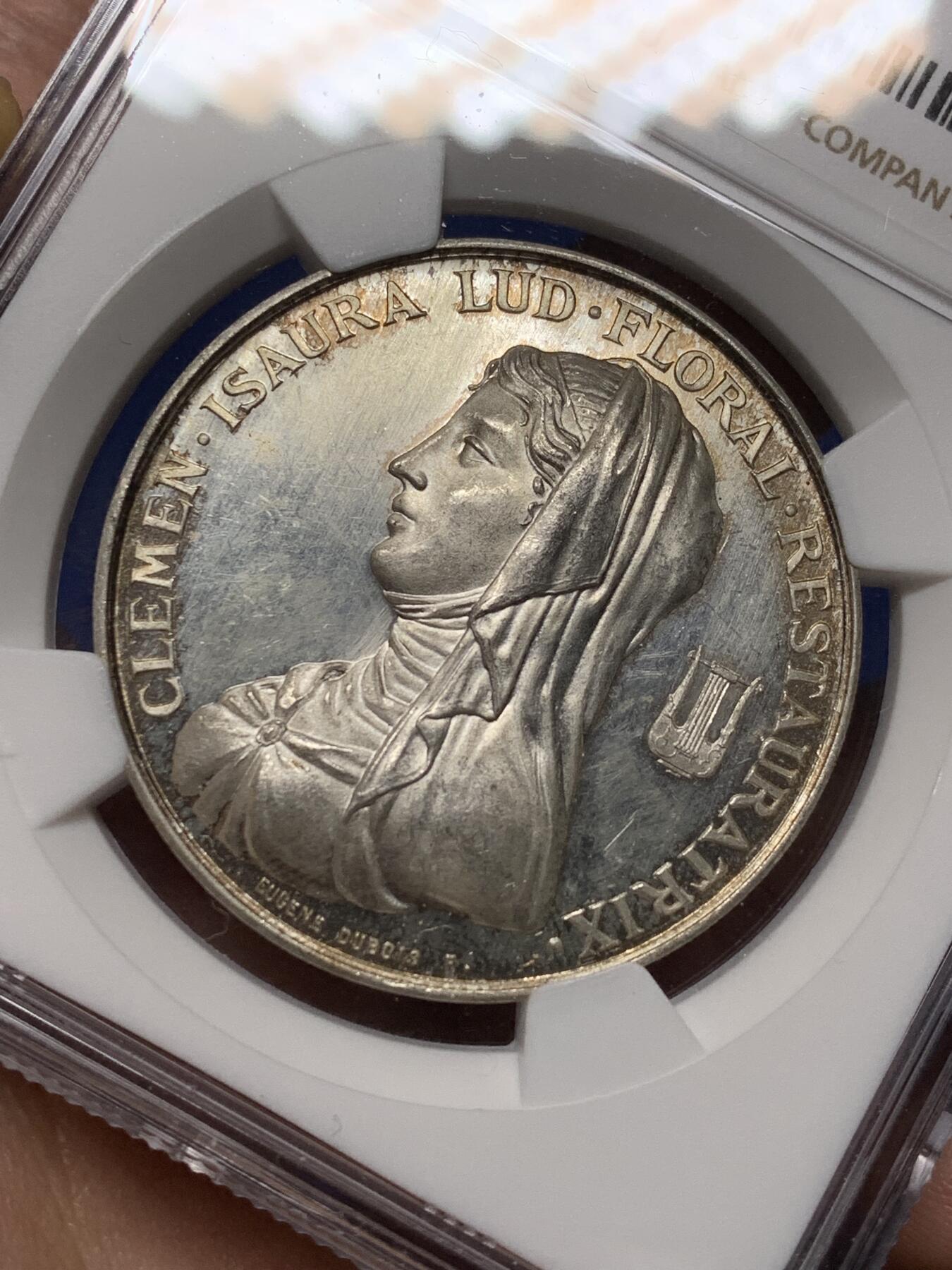 《竞宝斋》第472场 周日，周一，周二 3场连拍 （全场包邮）欢迎送拍 NGC MS63 法国图卢兹花卉节银质代币，女诗人克莱门-伊索尔