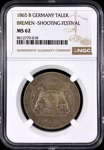 【雨安】【直播拍卖】【第0129期-评级币章】2026-03-21 周六 19:30 (金价1115, 银价20.09) - [评级德国] Germany 德国 德意志 1泰勒 Bremen不莱梅 Thun.126 KM#0248 (1865) 射击节 1865年  NGC-MS62 原味欧洲均匀淡美包浆