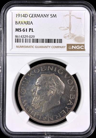 【雨安】【直播拍卖】【第0129期-评级币章】2026-03-21 周六 19:30 (金价1115, 银价20.09) - [评级德国] Germany 德国 帝国 J.053 巴伐利亚 5马克 (1914) 路德维希三世 1914年 NGC-MS61PL 非常少见的PL