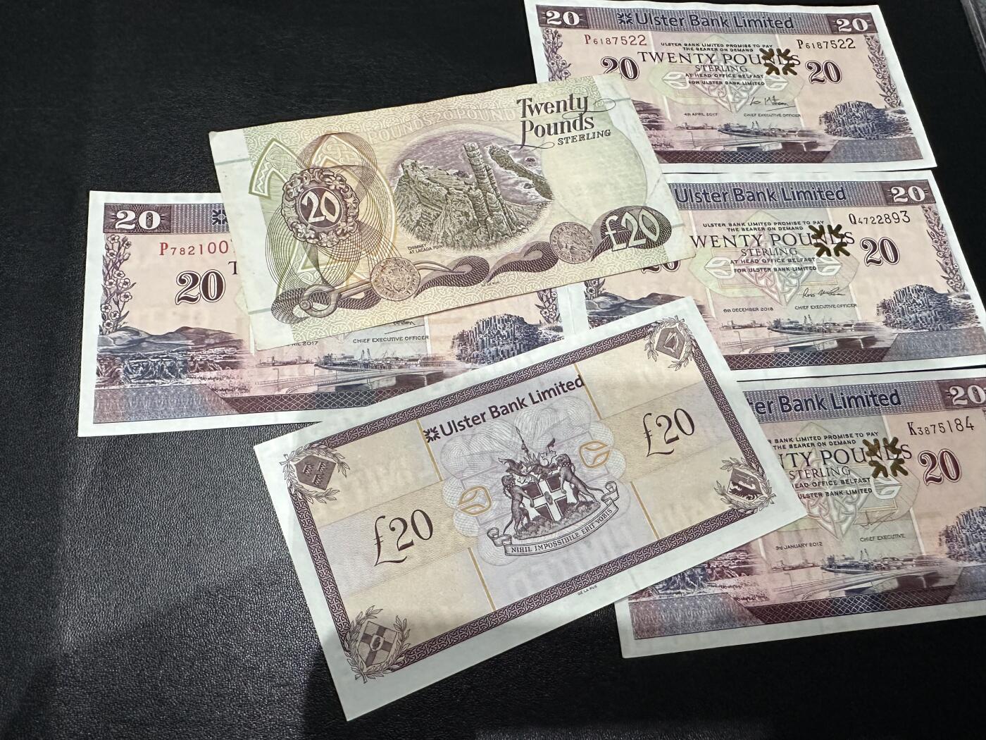 《外钞收藏家》第六百一十九期（精品场）（长期征集拍品、欢迎藏友们联系合作） 第一信托银行20镑非全新+阿尔斯特银行20镑5张AU-UNC- 