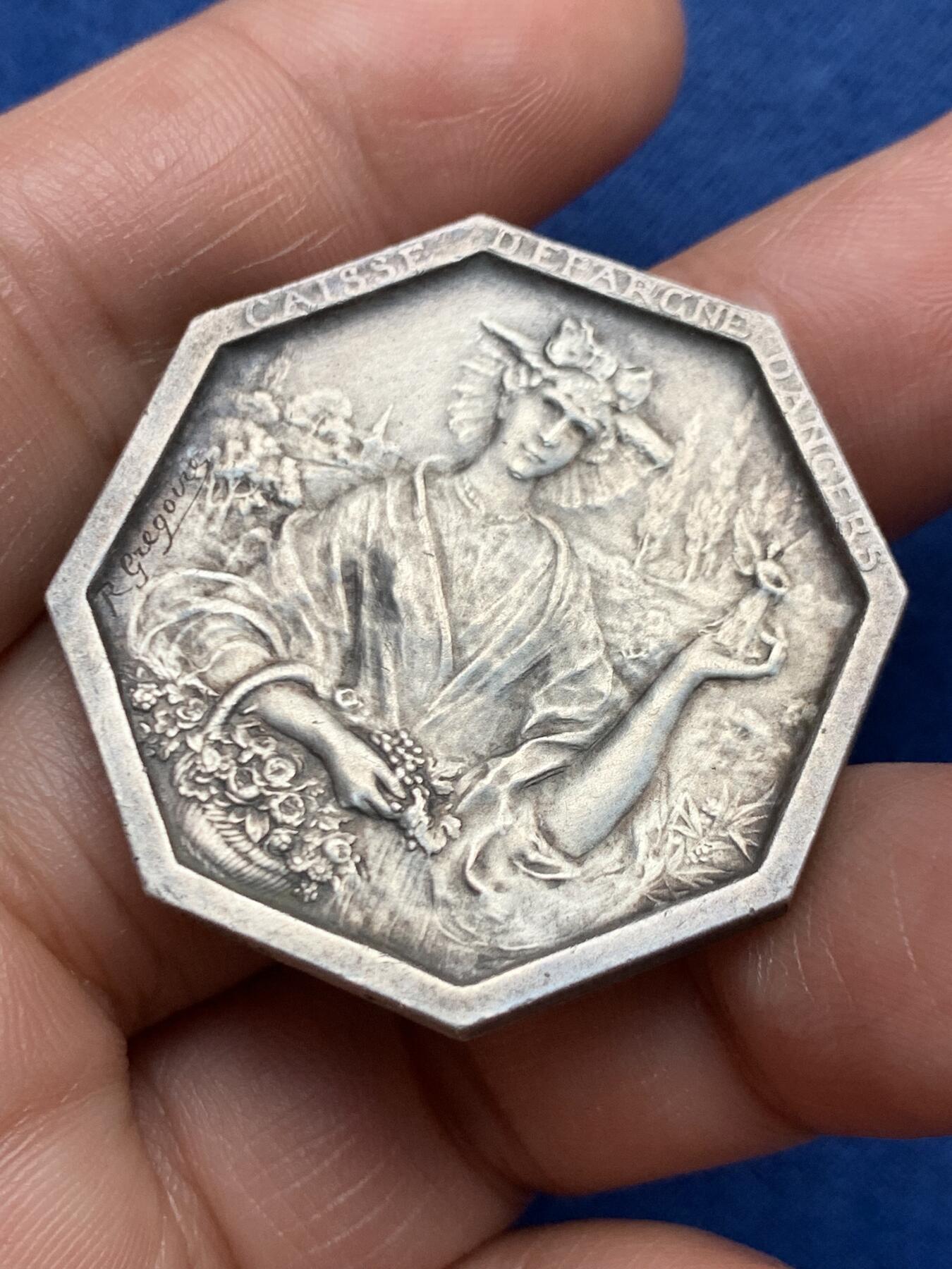 《竞宝斋》第472场 周日，周一，周二 3场连拍 （全场包邮）欢迎送拍 法国“花神”八角银质代币，昂热市储蓄银行，21.33g，36mm，边铭：野猪头+菱形argent