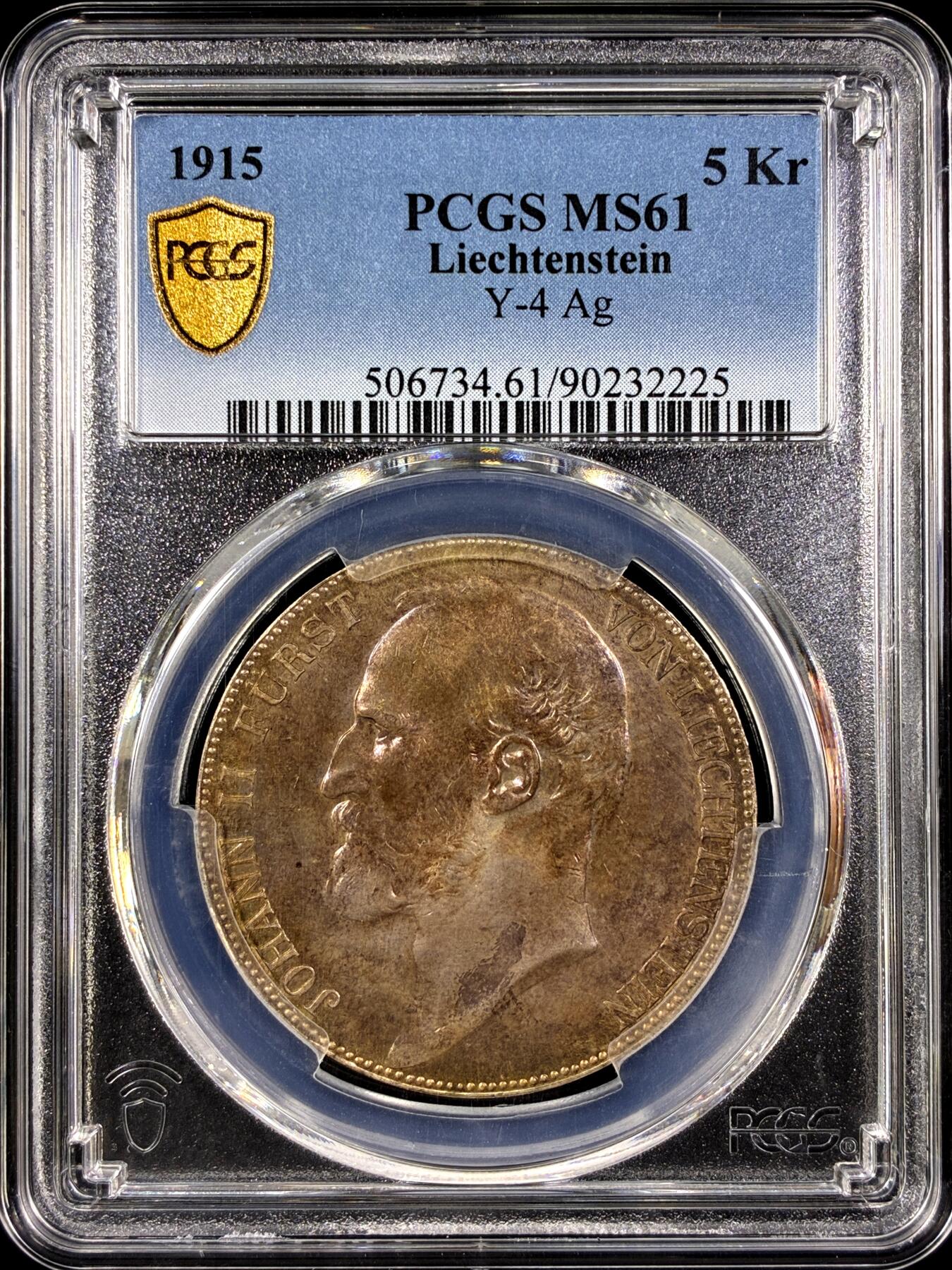 【雨安】【直播拍卖】【第0129期-评级币章】2026-03-21 周六 19:30 (金价1115, 银价20.09) [评级欧洲] Liechtenstein 列支敦士登 5克朗 1915年  PCGS-MS61 原味欧洲五彩包浆