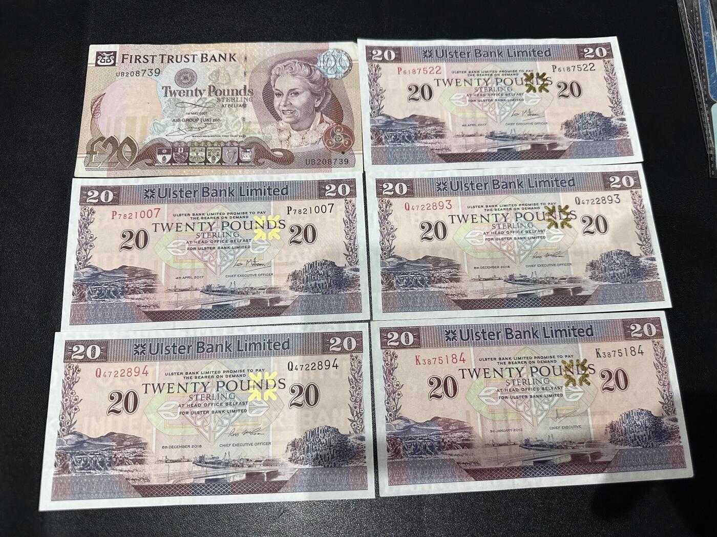 《外钞收藏家》第六百一十九期（精品场）（长期征集拍品、欢迎藏友们联系合作） 第一信托银行20镑非全新+阿尔斯特银行20镑5张AU-UNC- 