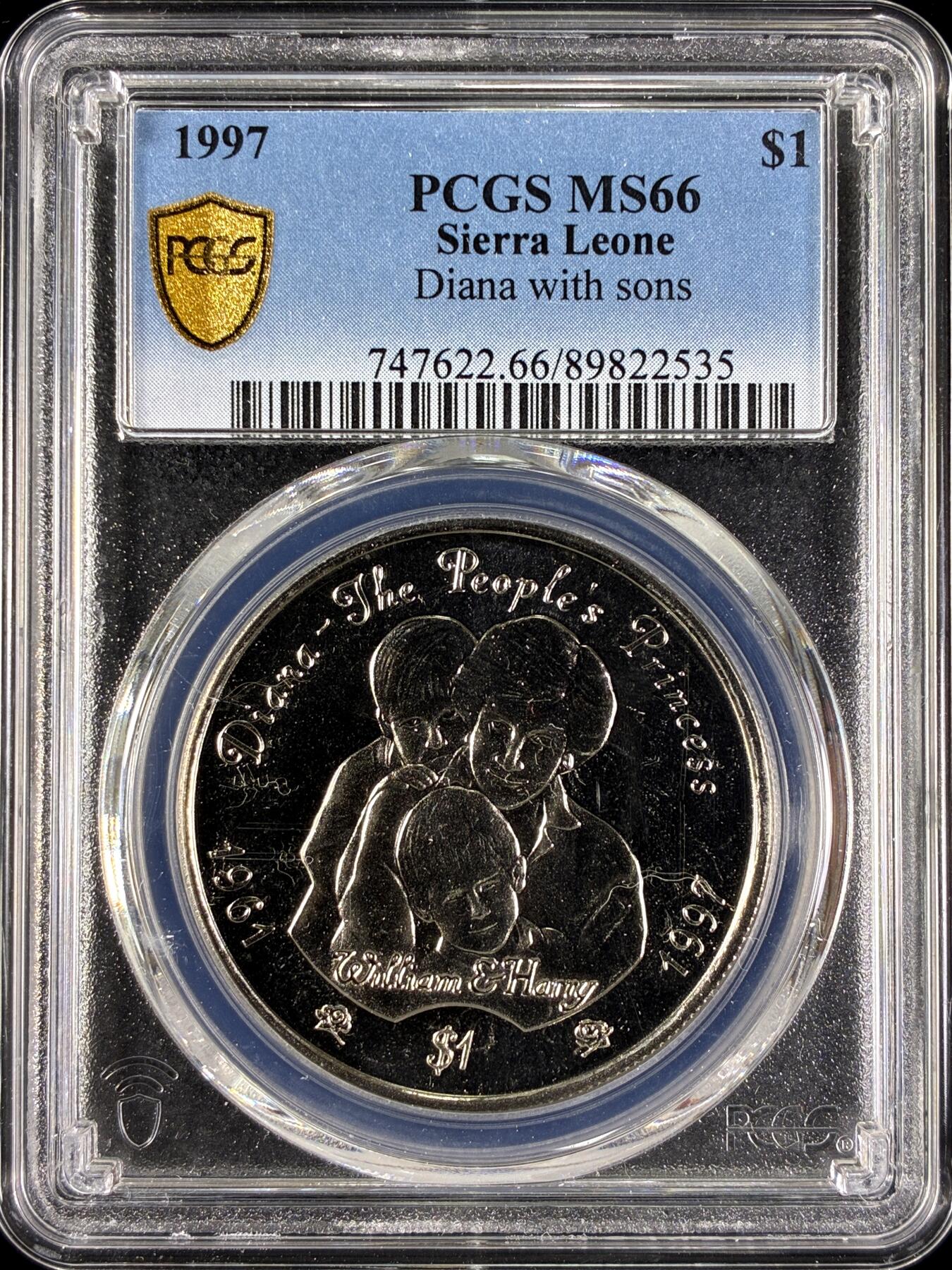 【雨安】【直播拍卖】【第0129期-评级币章】2026-03-21 周六 19:30 (金价1115, 银价20.09) [评级现代] Sierra Leone 塞拉利昂 1元 1997年 戴安娜和儿子们  PCGS-MS66