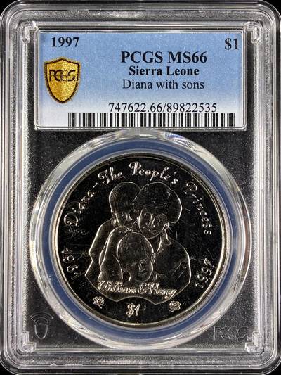 【雨安】【直播拍卖】【第0129期-评级币章】2026-03-21 周六 19:30 (金价1115, 银价20.09) - [评级现代] Sierra Leone 塞拉利昂 1元 1997年 戴安娜和儿子们  PCGS-MS66
