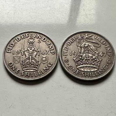 🌹外币初藏🌹🐯2026年第30场   每周二四六晚8️⃣点 接代拍 - 英国1947年乔治六世一先令（英格兰/苏格兰双版）一对 a