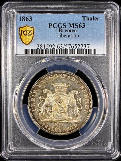 【雨安】【直播拍卖】【第0129期-评级币章】2026-03-21 周六 19:30 (金价1115, 银价20.09) - [评级德国] Germany 德国 德意志 1泰勒 Bremen不莱梅 Thun.124 (1863) 自由50周年 1863年  PCGS-MS63 粉光, 淡包浆