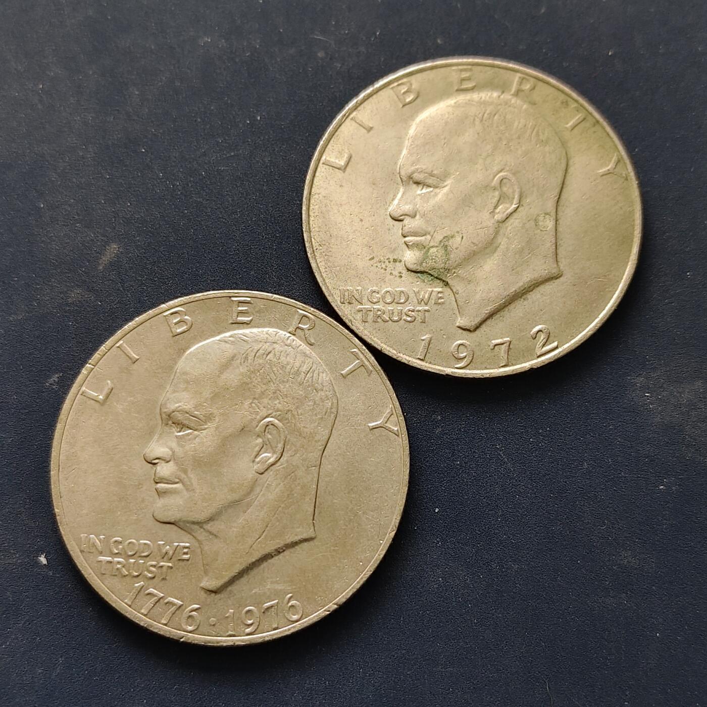 【全场包邮】纯粹捡漏拍512场 美国艾森豪威尔大1元2版本2枚一组-1972年流通币+1976年纪念币