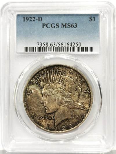 博洋堂世界钱币拍卖第165期（全场包邮） - PCGS MS63 美国1922 D 和平 稀有年份版别 属于充分流通的年份 此枚双面包裹老包浆 极富吸引力