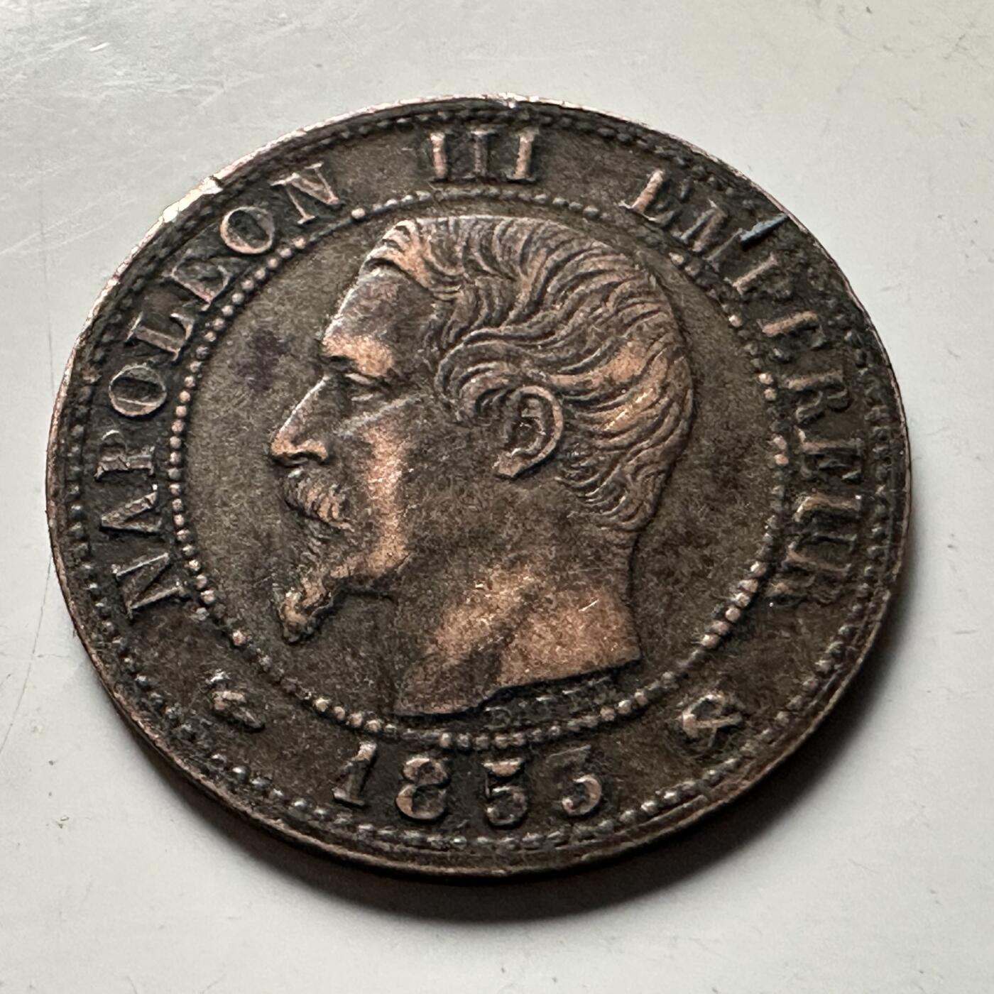 🌹外币初藏🌹🐯2026年第30场   每周二四六晚8️⃣点 接代拍 法国1853年拿破仑三世 1生丁 铜币