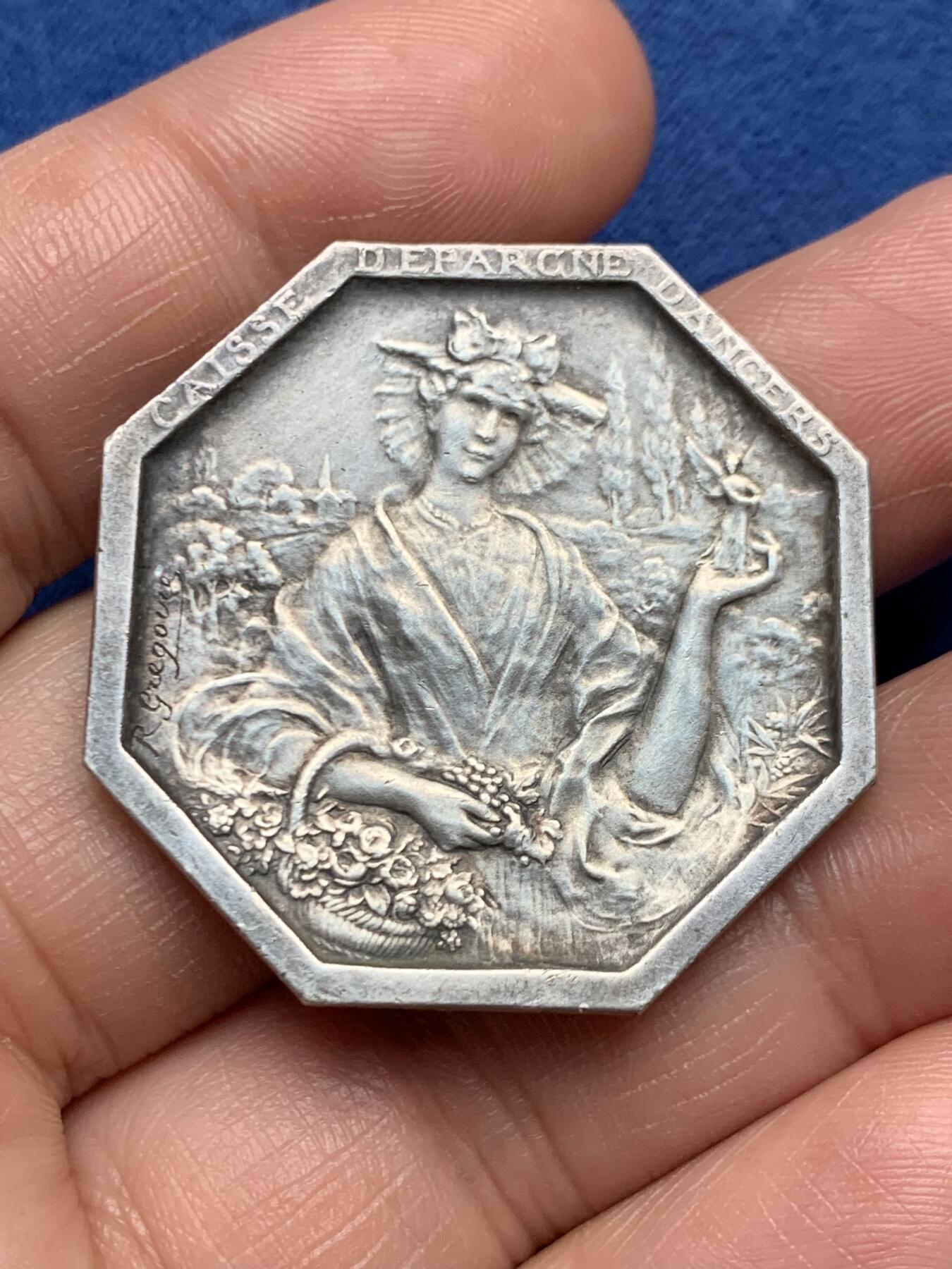 《竞宝斋》第472场 周日，周一，周二 3场连拍 （全场包邮）欢迎送拍 法国“花神”八角银质代币，昂热市储蓄银行，21.33g，36mm，边铭：野猪头+菱形argent