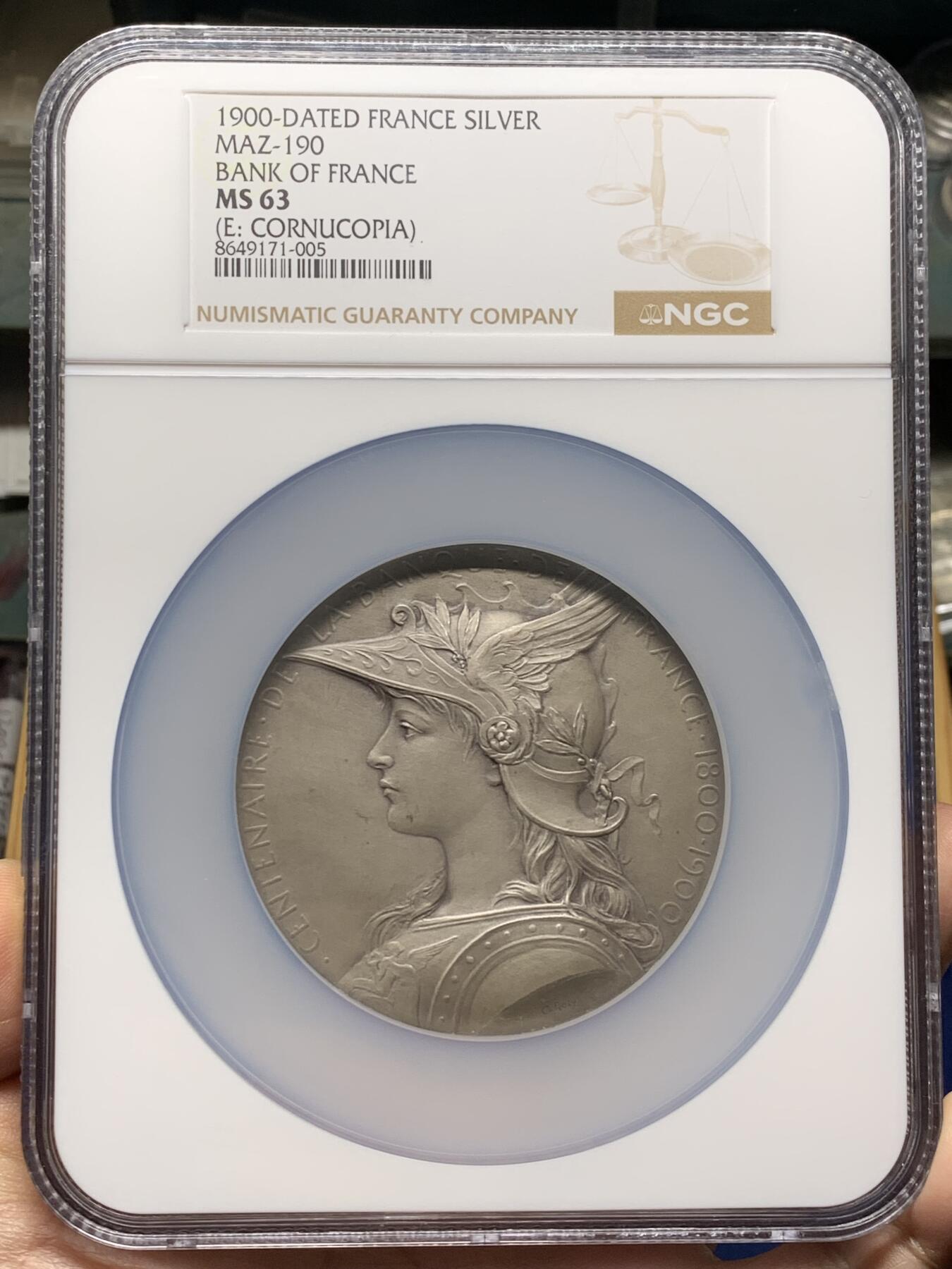 《竞宝斋》第472场 周日，周一，周二 3场连拍 （全场包邮）欢迎送拍 NGC MS63 法兰西银行百年纪念大银章 奥斯卡·罗蒂大师的扛鼎之作 名品法百 加大加厚盒装 法章不可或缺藏品