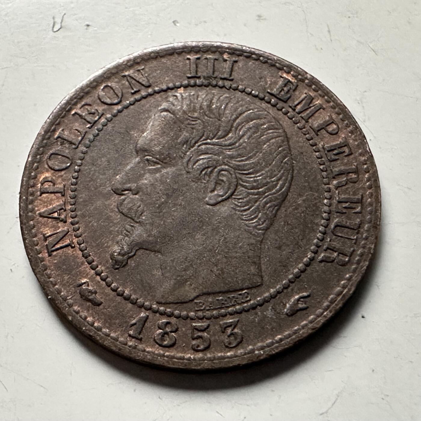 🌹外币初藏🌹🐯2026年第30场   每周二四六晚8️⃣点 接代拍 法国1853年拿破仑三世 1生丁 铜币 原光品相