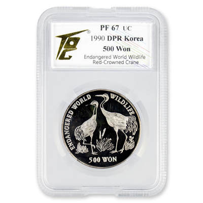 1990年朝鲜-世界濒危野生动物丹顶鹤27克999纯银纪念币TQG评级PF67 - 1990年朝鲜-世界濒危野生动物丹顶鹤27克999纯银纪念币TQG评级PF67