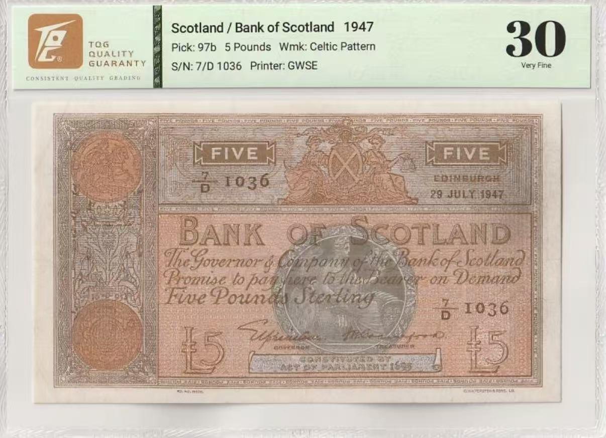 【礼羽收藏】🌏世界钱币拍卖129期 1947年苏格兰银行5镑，早期年份大票幅版，非常少见