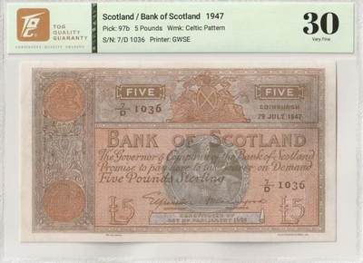 【礼羽收藏】🌏世界钱币拍卖129期 - 1947年苏格兰银行5镑，早期年份大票幅版，非常少见