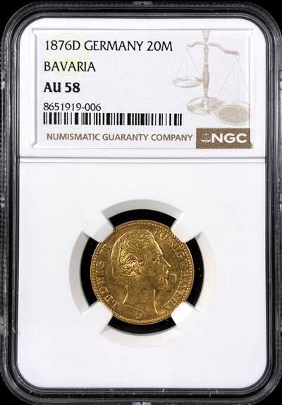 【雨安】【直播拍卖】【第0129期-评级币章】2026-03-21 周六 19:30 (金价1115, 银价20.09) - [评级金铂] Germany [金币] 德国 帝国 J.197 Bavaria巴伐利亚 20马克 (1874-1878) 路德维希二世 1876年  NGC-AU58 底板干净, 光度极佳 不知道为什么给了个AU58