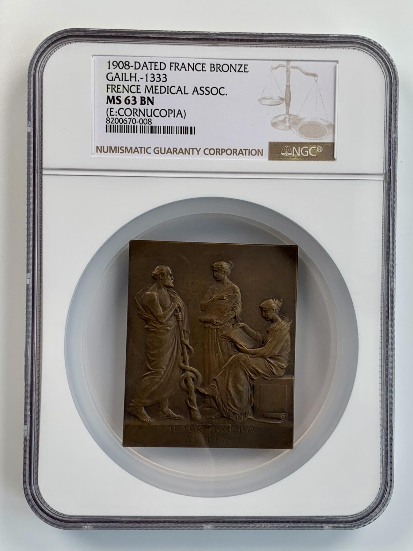 掌中浮雕-藏着的欧洲第055场 NGC MS63 : 1908年法国新艺术运动50周年之国际医学会纪念章，70 X 58mm；Nicolas Maier法国章优秀作品集#239号