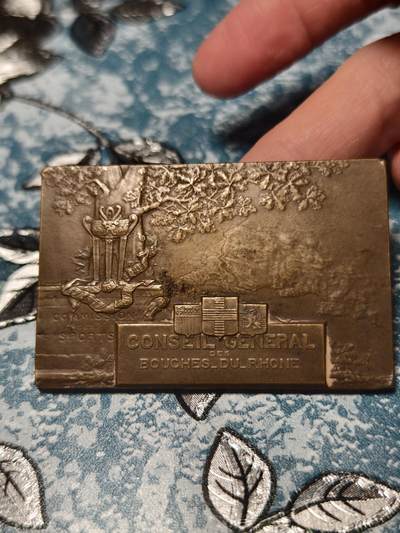 抚柳草堂-第十七期章牌钱币  奖章勋章限时免佣 满百包邮 放漏专场 - 19世纪末-20世纪初 法国罗讷河口省议会体育委员会纪念碑方形大铜章     尺寸68×44mm     重91.1g 浮雕精美 包浆自然