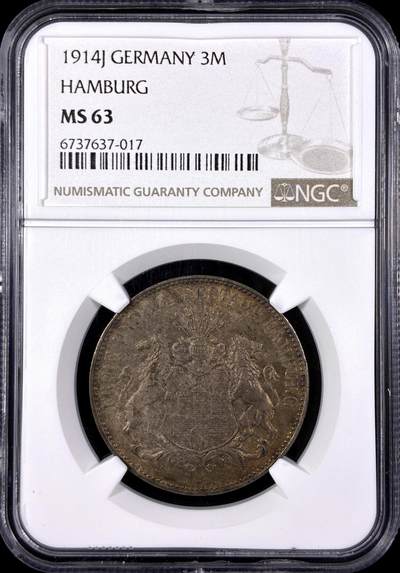【雨安】【直播拍卖】【第0129期-评级币章】2026-03-21 周六 19:30 (金价1115, 银价20.09) - [评级德国] Germany 德国 帝国 J.064 汉堡 3马克 (1908-1914) 双狮 1914年  NGC-MS63 原味欧洲淡彩包浆