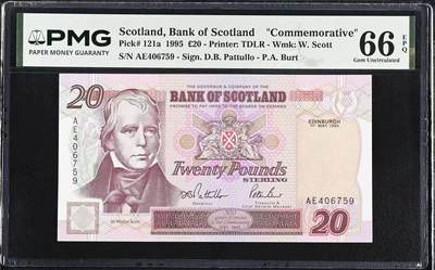 【礼羽收藏】🌏世界钱币拍卖129期 - 1995年苏格兰银行20镑纪念钞，PMG66分，a版首发年