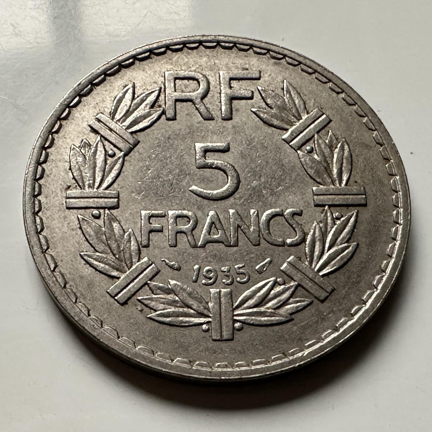 🌹外币初藏🌹🐯2026年第30场   每周二四六晚8️⃣点 接代拍 法国1935年 5法郎 镍币版 b