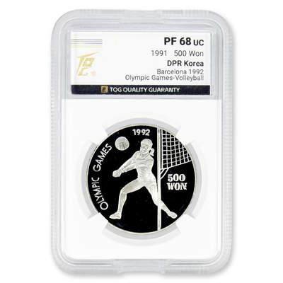 1991年朝鲜-92'奥林匹克运动会排球27克999纯银纪念币 TQG评级PF68 - 1991年朝鲜-92'奥林匹克运动会排球27克999纯银纪念币 TQG评级PF68
