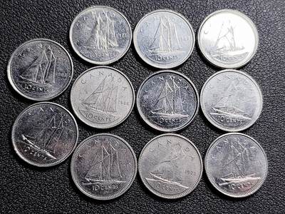 泉币菌-第212场-拍品多 请提前出价（工作最近较忙 发货不及时，望理解） - 11枚高币值一组 加拿大10分镍币 帆船 伊丽莎白二世 混合年份未挑 
