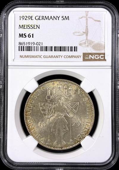 【雨安】【直播拍卖】【第0129期-评级币章】2026-03-21 周六 19:30 (金价1115, 银价20.09) - [评级德国] Germany 德国 魏玛 5马克 KM#66 梅森千年 1929年  NGC-MS61