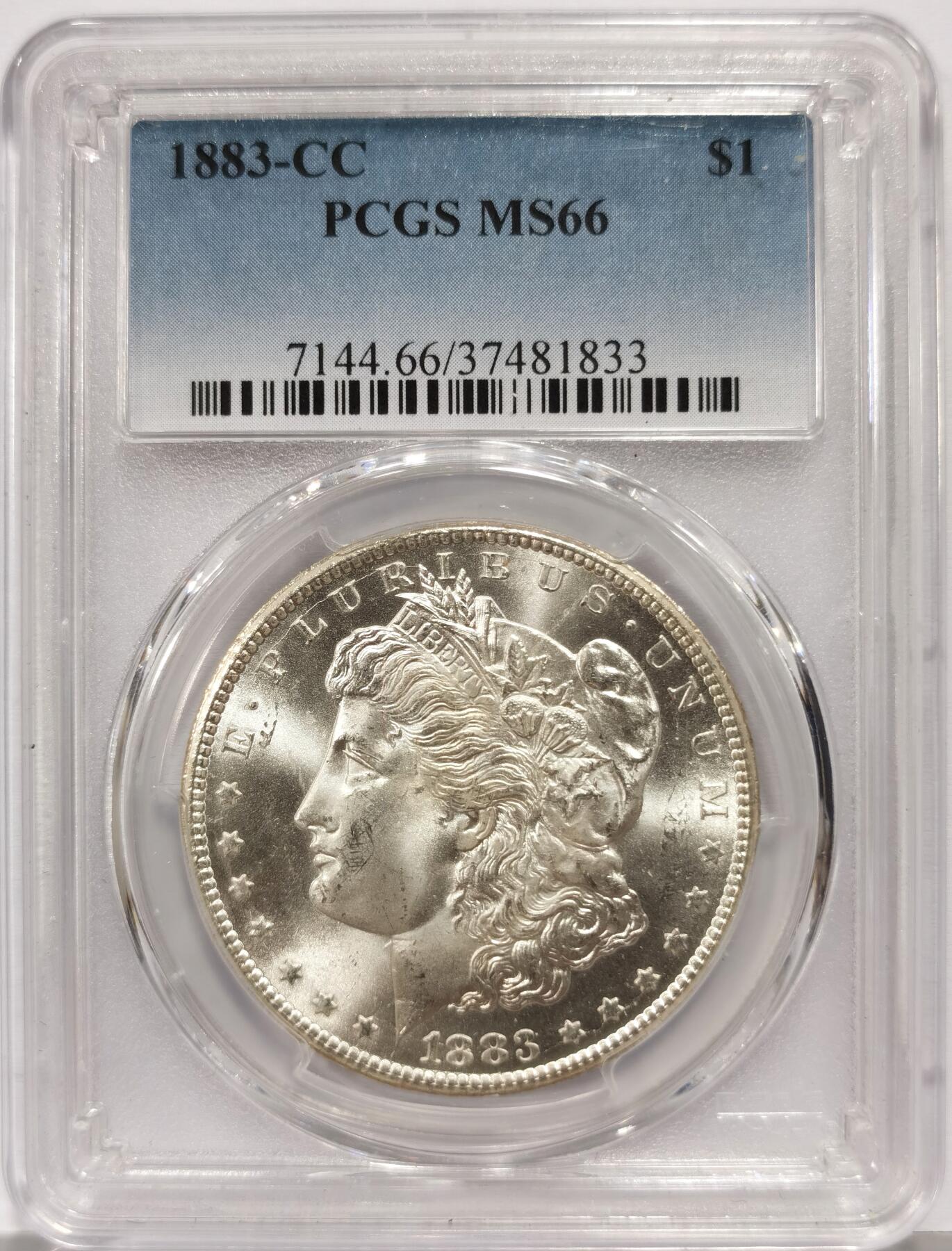博洋堂世界钱币拍卖第165期（全场包邮） PCGS MS66 美国1883 CC 摩根 稀有卡森厂 麦稀奇所见最高分 转光犀利 打制完美 银霜感十足 不可错过的极佳收藏品 一枚毕业