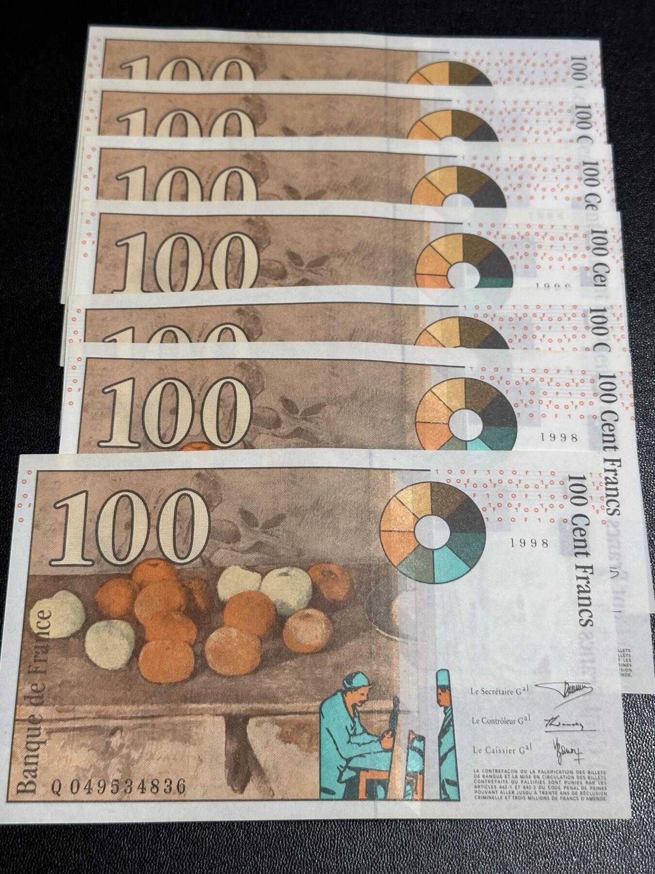 《外钞收藏家》第六百一十九期（精品场）（长期征集拍品、欢迎藏友们联系合作） 1998年法国末版100法郎 7张一起 断连 UNC-有轻微发黄和潮