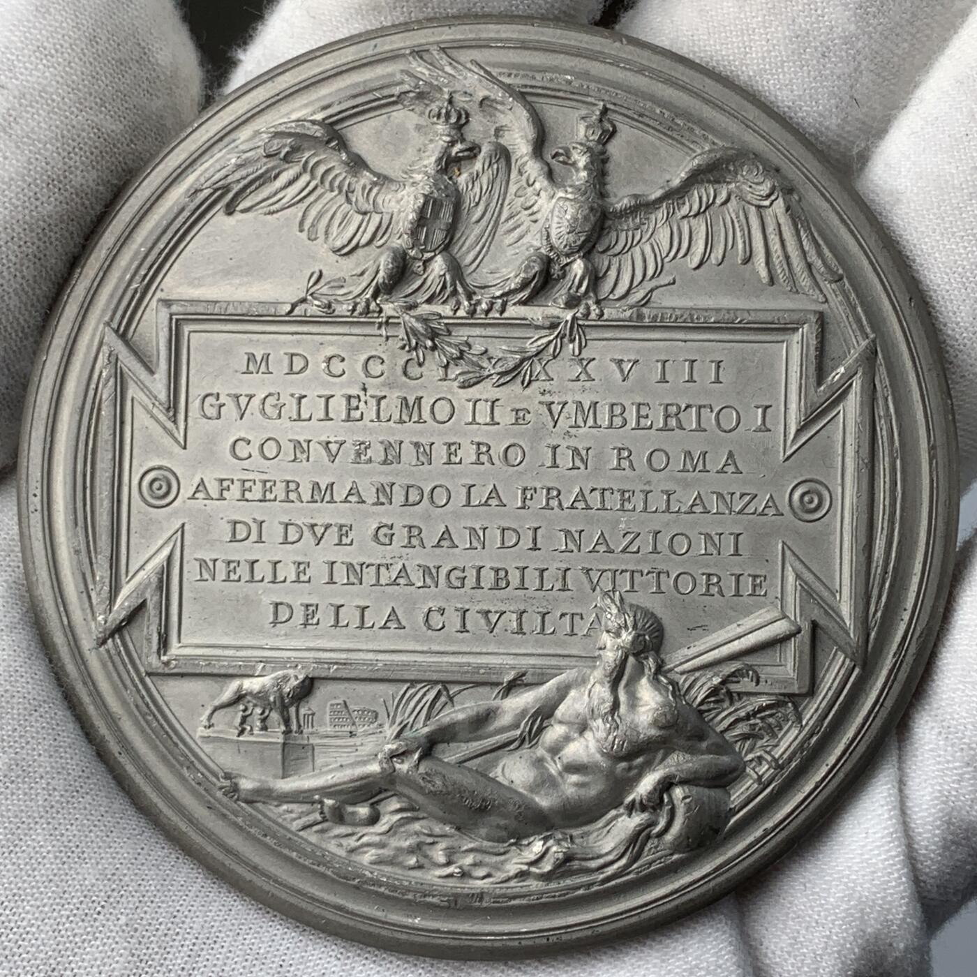 掌中浮雕-藏着的欧洲第055场 1888年意大利翁贝托一世于威廉二世在罗马会面白色金属（WM）纪念章，70mm