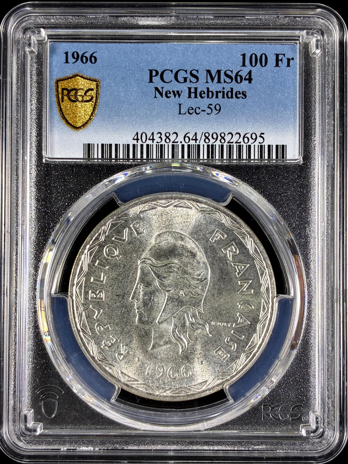 【雨安】【直播拍卖】【第0129期-评级币章】2026-03-21 周六 19:30 (金价1115, 银价20.09) [评级现代] New Hebrides 新赫布里底群岛 100法郎 1966年  PCGS-MS64