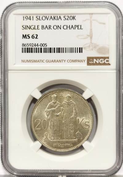 博洋堂世界钱币拍卖第165期（全场包邮） - NGC MS62 斯洛伐克1941年20克朗银币，淡黄油包浆，转光好品，不多见的品种。