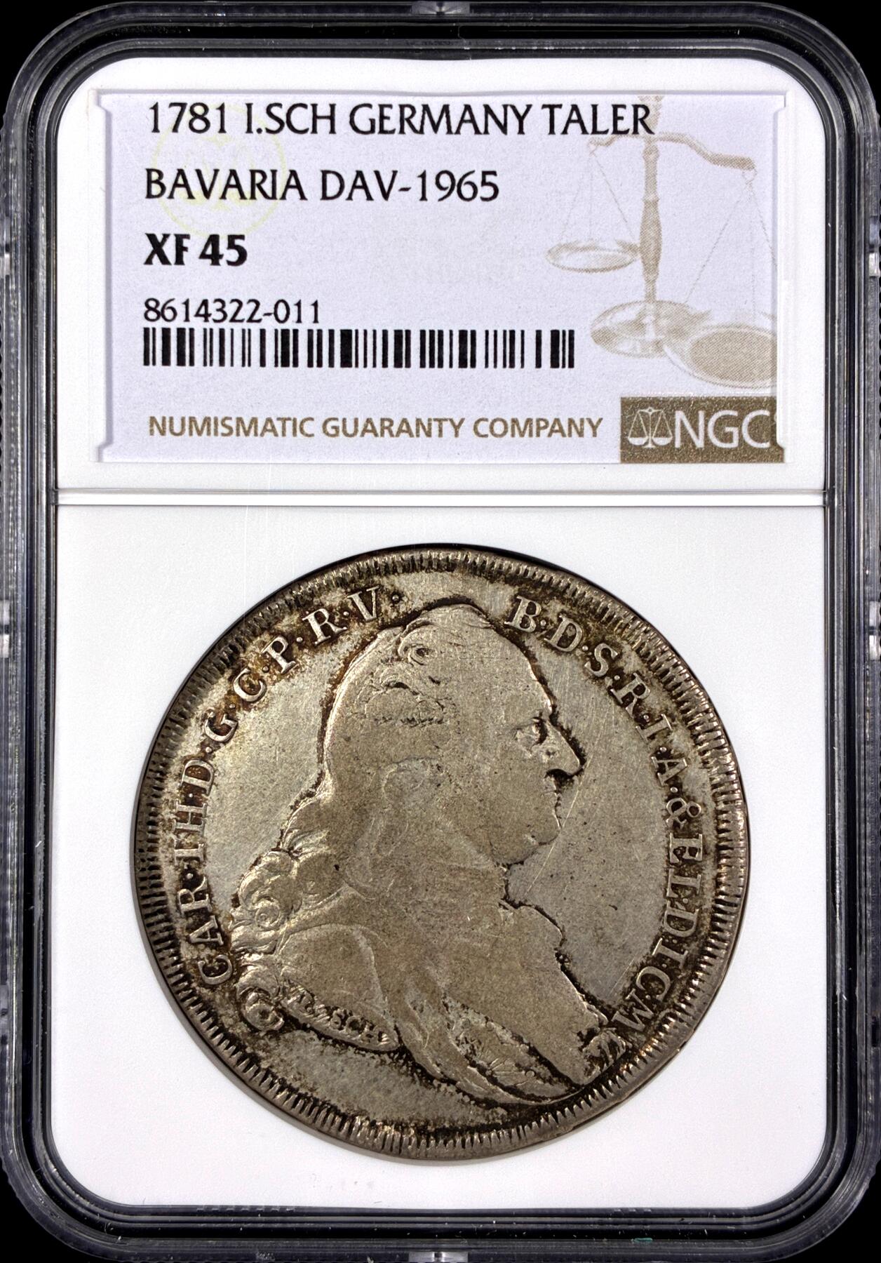 【雨安】【直播拍卖】【第0129期-评级币章】2026-03-21 周六 19:30 (金价1115, 银价20.09) [评级德国] Germany 德国 德意志 1泰勒 Bavaria巴伐利亚 KM#0563 卡尔·特奥多尔.圣母抱婴 1781年  NGC-XF45 带底光, 这个品种出分不易