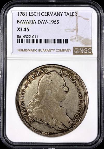 【雨安】【直播拍卖】【第0129期-评级币章】2026-03-21 周六 19:30 (金价1115, 银价20.09) - [评级德国] Germany 德国 德意志 1泰勒 Bavaria巴伐利亚 KM#0563 卡尔·特奥多尔.圣母抱婴 1781年  NGC-XF45 带底光, 这个品种出分不易