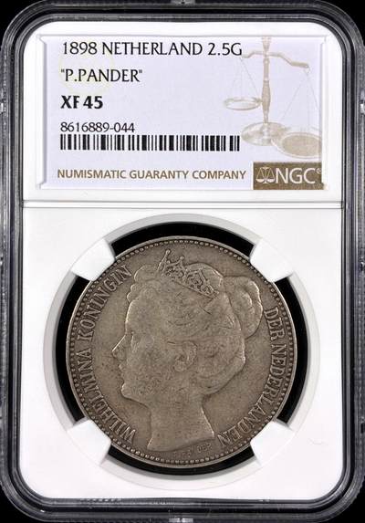 【雨安】【直播拍卖】【第0129期-评级币章】2026-03-21 周六 19:30 (金价1115, 银价20.09) - [评级欧洲] Netherlands 荷兰 王国 威廉明娜 2.5盾 1898年  NGC-XF45 均匀淡美包浆