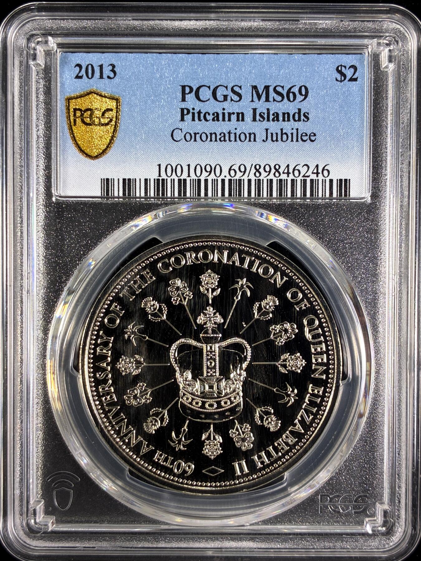 【雨安】【直播拍卖】【第0129期-评级币章】2026-03-21 周六 19:30 (金价1115, 银价20.09) [评级现代] Pitcairn Islands 皮特凯恩群岛 2元 2013年 伊丽莎白二世登基50周年  PCGS-MS69
