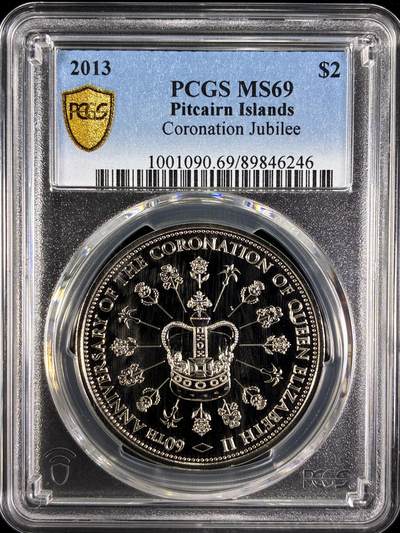 【雨安】【直播拍卖】【第0129期-评级币章】2026-03-21 周六 19:30 (金价1115, 银价20.09) - [评级现代] Pitcairn Islands 皮特凯恩群岛 2元 2013年 伊丽莎白二世登基50周年  PCGS-MS69