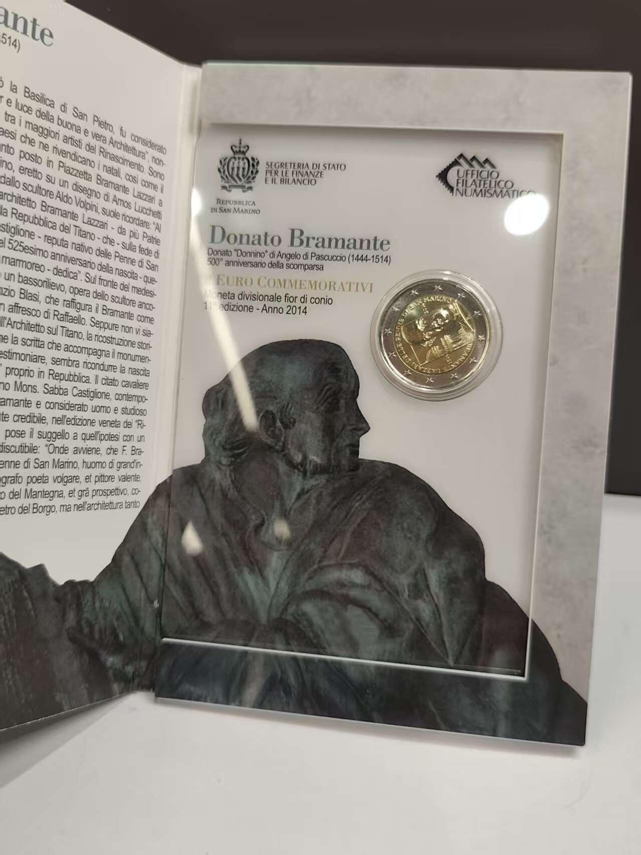 G&W世界散币，银币处理专场（第46场） 圣马力诺2014年2欧元 意大利文艺复兴 建造师 画家 布拉曼特 逝世500周年纪念